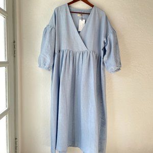 NWT Linen Dress Romantic Relaxed Blue V-neck Puffy Sleeve Dress by OFFON Size L